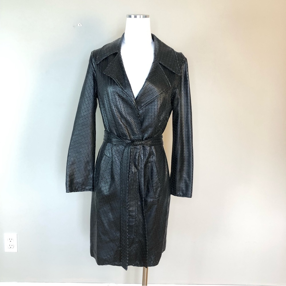 Genuine Black Perforated Leather Wrap Robe Style Trench Coat M